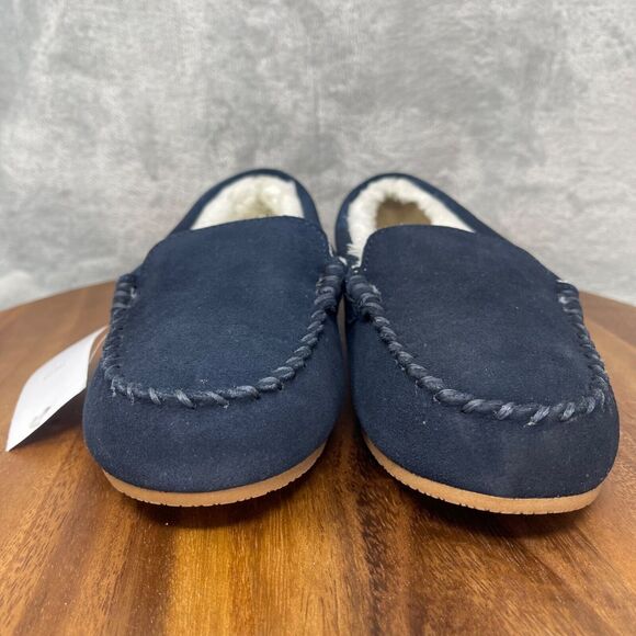 Lands' End Slippers Boys 3 Navy Suede Leather Faux Fur Lined Moccasin Youth Kids - Picture 4 of 13